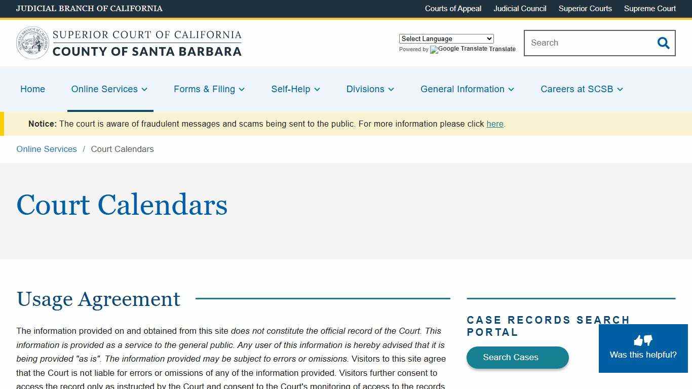 Court Calendars Superior Court of California County of Santa Barbara